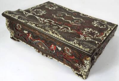 A 19thC Persian rosewood writing box, the serpentine hinged top revealing space for ink bottle and pens, the fall front with deep well, heavily set with scrolls and flowers, 11cm H, 32cm W, 24cm D. (AF) - 6