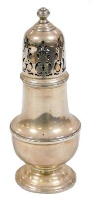 A George V silver conical sugar sifter, with pierced dome lid, bellied body and circular foot, Birmingham 1932, 17cm H, 4oz.