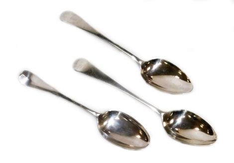 Three various Georgian silver tablespoons, to include one marriage spoon 1746, Old English pattern, shell capped bowl and two others, 21cm W, 5½oz. (3)