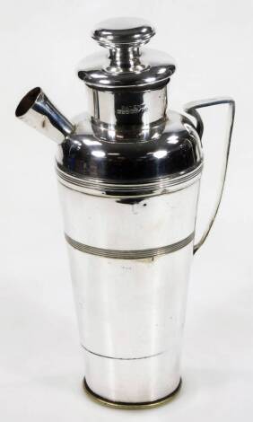 A 20thC Igene type cocktail shaker, by Farrow & Jackson, of tapering circular form, with inverted lid, side spout and angular handle, with an upper banding and beadwork base, patented no.256156/26, with plug beneath, 32cm H.