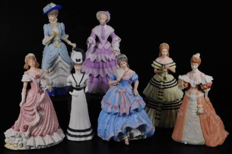 Various Wedgwood Spink Collection lady figures, The Imperial Banquet 1855, no.1992/10000, printed marks beneath, 21cm H, others similar, Lavinia Hyde Park collection, etc. (7)