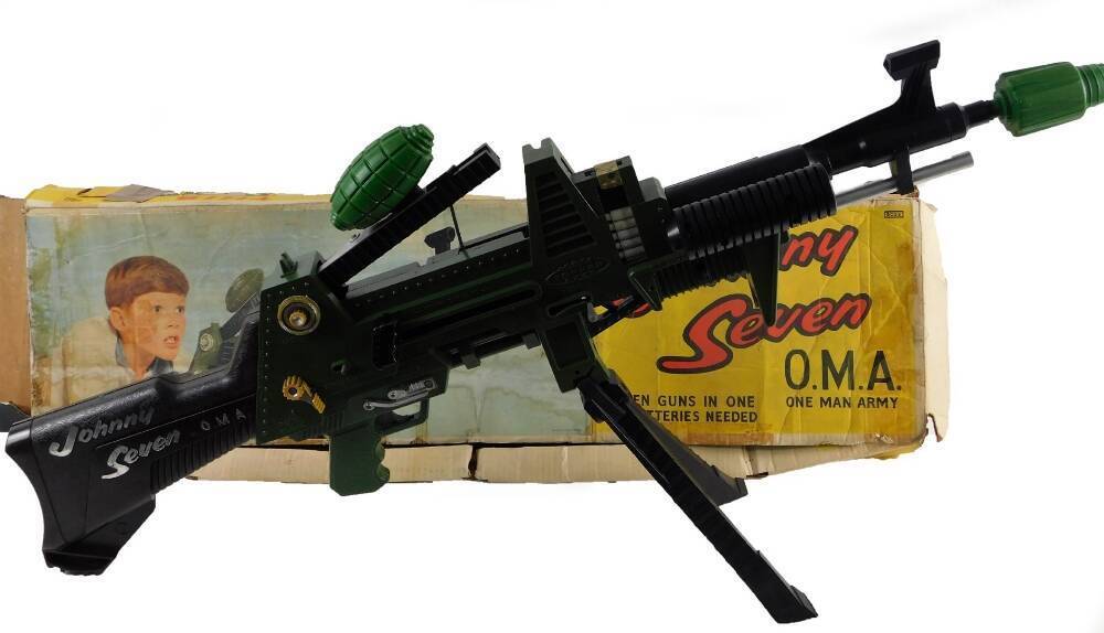 A boxed Johnny 7 Oma One Man Army gun, with accessories, to