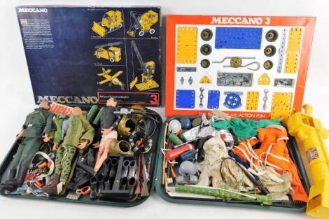 Various toys, games and accessories, Action Man, probably 1980s, to include three figures, 30cm H, etc., weapons, part boxes, amphibious items, helmets, diving equipment, boots, etc. and a Meccano no.3 set.