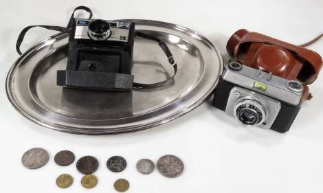 A Dacora Dignette camera, 9cm H, in brown leather case, further camera, 1896 crown and various coins, plated tray, etc. (a quantity)