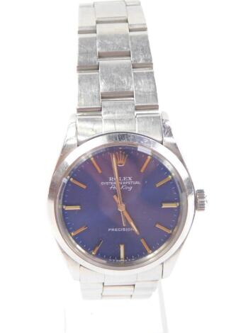 A Rolex oyster perpetual Air King gentleman's wristwatch, blue baton precision dial, stainless steel cased, model 5500, serial 7624130, boxed and outer boxed.