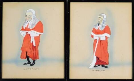 20thC English School. Mr Justice Avery and Mr Justice McCardie, caricatures, gouache, unsigned, 30.5cm x 24cm. (2)