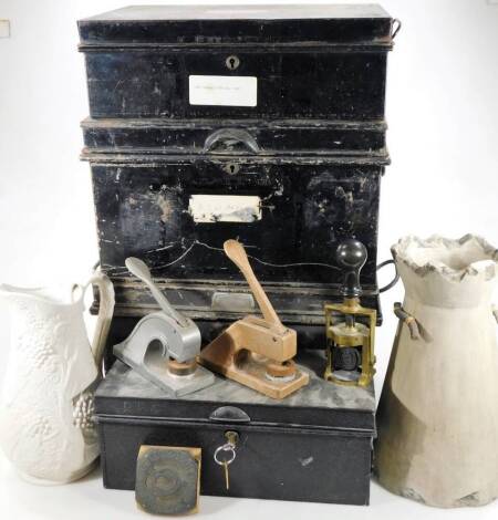 Various deeds boxes, storage tins, one painted black, 25cm H, 41cm W, 30cm D, brass desk stamps, Portmeirion jug, vase, etc. (a quantity)