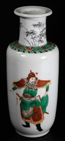 An oriental porcelain vase, the compressed cylindrical stem raised above a shouldered body decorated with figures of Samurai, predominately in green and orange on a circular foot, 26cm H.