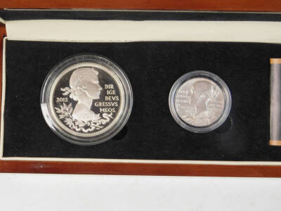 A Queen's Diamond Jubilee 2012 Royal Silver three coin set, and a Diamond Jubilee of Two Queens 1897- 2012 set, both boxed with certificates. - 3