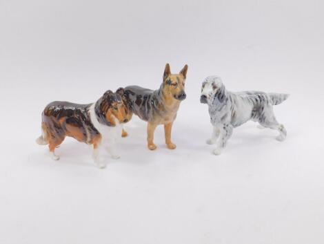 Three Royal Doulton figures of dogs, comprising a German Shepherd HN1116, a Collie HN1058, and an English Setter HN1050.