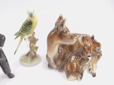 Royal Belvedere 20thC pottery figures of birds and animals, including a recumbent doe and fawn, pair of budgerigar, two poodles, etc. (8) - 3