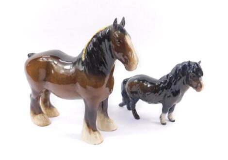 A Beswick figure modelled as a brown gloss shire horse, together with a Beswick Shetland pony. (2)