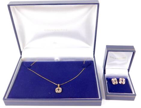 A 9ct gold sapphire and diamond pendant, on a 9ct gold neck chain, together with a pair of contrasting 9ct gold sapphire and diamond earrings, 3.8g.