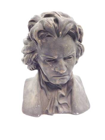 A black plaster bust of Ludwig Van Beethoven, bears signature for G Sello, dated 1915, 38cm H.