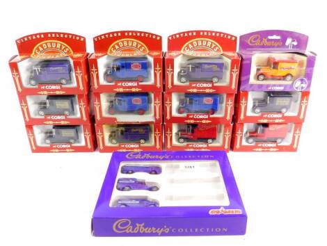 Corgi die cast Cadbury's Travellers Chocolate vintage selection trucks, boxed, together with a Majorette Cadbury's Collection 3 Vehicle Set, chocolate bars lacking. (13)