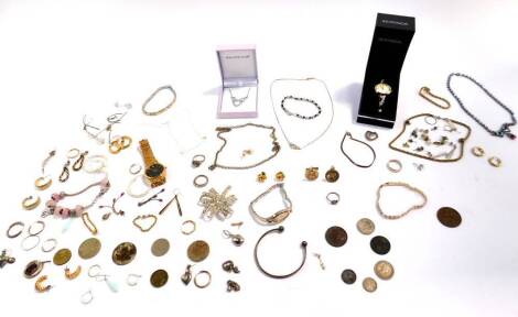 Silver and costume jewellery, including bracelets, earrings and rings, gentleman's and lady's wristwatches, and coins. (qty)