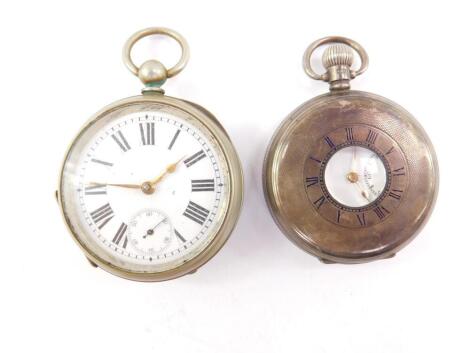 A George V silver half hunter pocket watch, keyless wind, enamel dial bearing Roman numerals, subsidiary seconds dial, Buren 15 jewel movement, case with engine turned decoration, Birmingham 1925, 114.9g, together with a silver plated pocket watch with Sw