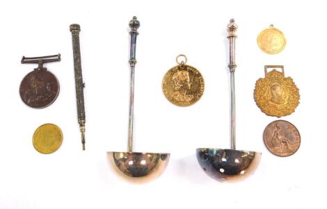 A pair of Victorian and silver plated cream and sugar ladles, propelling pencil, Coronation medals, 1939-45 War Medal, etc. (qty)