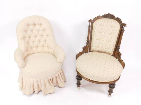 A Victorian mahogany nursing chair, with button back upholstery, flanked by fluted columns, over a circular overstuffed seat, raised on fluted and turned legs, brass capped on castors, together with a further button back nursing chair. (2)