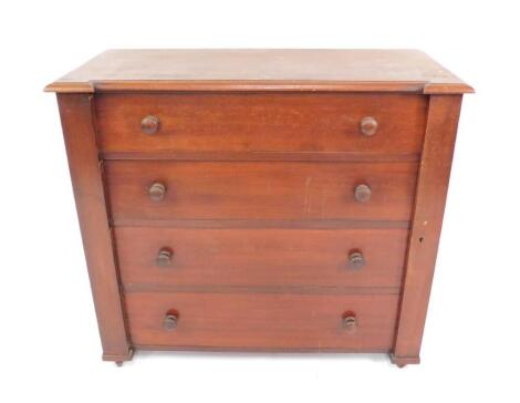 A Victorian mahogany Wellington chest, with moulded top, and right hand Wellington action restraining four graduated drawers with knob handles, on block feet with castors, 102cm H, 113cm W, 52cm D.