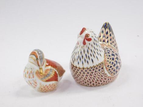 A Royal Crown Derby Imari paperweight modelled as a chicken, and another modelled as a Teal Duckling. (2)