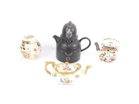 A Hammersley porcelain teapot decorated in the Lady Patricia pattern, Masons kettle decorated in the Mandalay pattern, and a ginger jar and cover decorated in the Mandarin pattern, together with a Carltonware black glazed policeman teapot. (4)