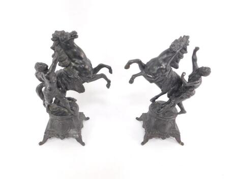 After Guillame Coustou (French, 1677-1746), pair of late 19thC spelter garniture figures cast as Marly Horses, each raised on a square base and four scroll feet, 34cm H.