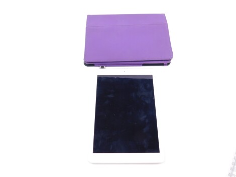 An Apple IPad, serial DMRN 8P4DFK14, with a purple outer case. Please note - The Ipad has been wiped but will require Apple to deactivate before use.