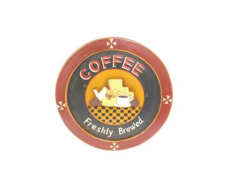 A wooden and plaster circular advertising plaque, Coffee, Freshly Brewed, 48cm Dia.