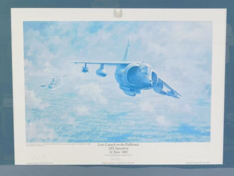 After Geoffrey E Lea (British, 20thC). Last Launch on The Falklands, (F) 14th June 1982, limited edition print, signed by Wing Commander Peter Squire, Squadron Leader Gerry Pook, and Bob Iveson, 42cm x 57cm.