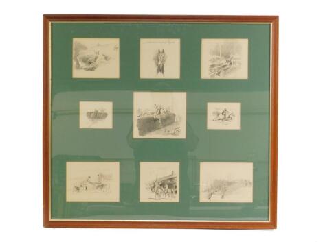 After Lionel Edwards (1878-1966). Nine lithographic hunting prints, framed as one, 74cm x 82cm.