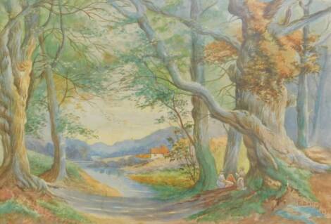 E Darley (British, 20thC). Figures in a woodland clearing, watercolour, signed, dated 1909, 17cm x 25cm.