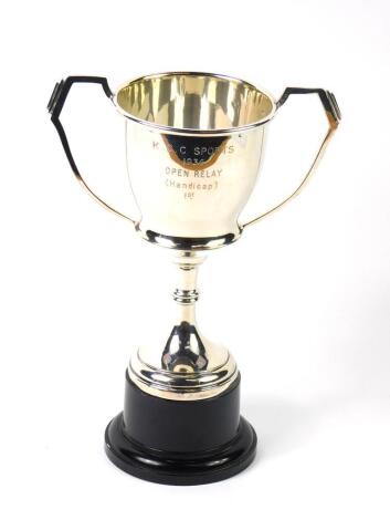 A George V silver twin handled trophy, engraved KCC Sports 1936, (Open Relay) Handicap, 1st, 6.51oz including screw fitting.