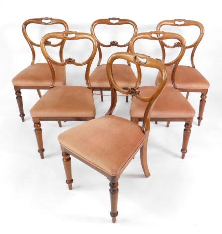 A set of six Victorian rosewood balloon back single dining chairs, upholstered in red draylon, raised on turned legs.