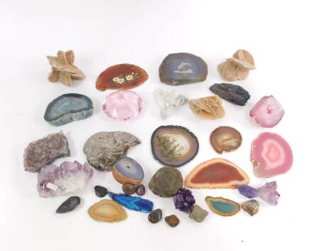 Geodes crystals and ammonites, some with painted and engraved decoration, (qty)