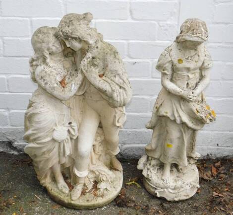 A concrete garden sculpture, modelled as a courting couple, 72cm H, and a further statue modelled as a girl clasping her hands, 70cm H. (2)