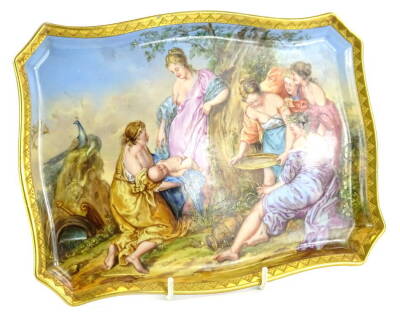 A Vienna style porcelain tray, painted with a scene of the baptism of Achilles, beehive mark to reverse and titled in German, 26cm x 19cm.