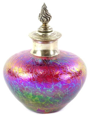 A pink iridescent glass scent bottle, with silver collar and flame finial, Sheffield 1991, 11cm H.