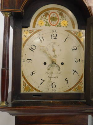 Thomas Marshall of Lincoln. A mid 19thC oak and mahogany cross banded long case clock, the arched dial painted with thistles, flowers etc., with subsidiary seconds hand, the case with swan neck pediment, turned pillars and shell inlay to door, with a four - 2