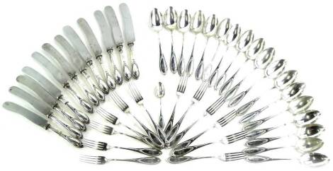 A quantity of late 19th/early 20thC German white metal cutlery, makers stamp COBERLIN GEBRUDER and stamped 800, each piece engraved with initials within an oval bell flower cartouche, the knives with stainless steel blades, 57oz weighable silver.