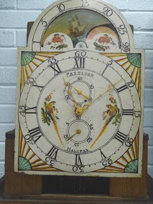 Pattison, Halifax. A mid 19thC oak and mahogany cross banded longcase clock, the arched dial later painted with moonphase and ships etc, the dial itself with exotic birds and sunburst, thirty hour movement, 225cm H. - 2