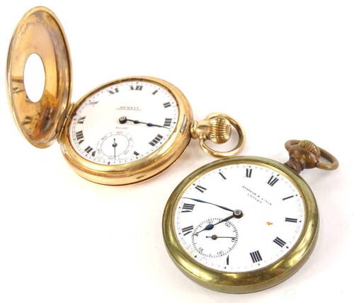 A gold plated half hunter pocket watch, with white enamel dial and Roman numerals, signed Hewett Cliftonville Rolex with blue hand and seconds dial, the case marked A.L.D Dennison 985621, the movement stamped Rolex, and a brass pocket watch stamped Barrau