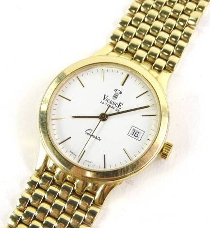 A Vicence Le Temps De gent's wristwatch, with circular dial, with date aperture, the back stamped 10K and 375, on five row bracelet, unmarked, with brushed clasp, boxed.