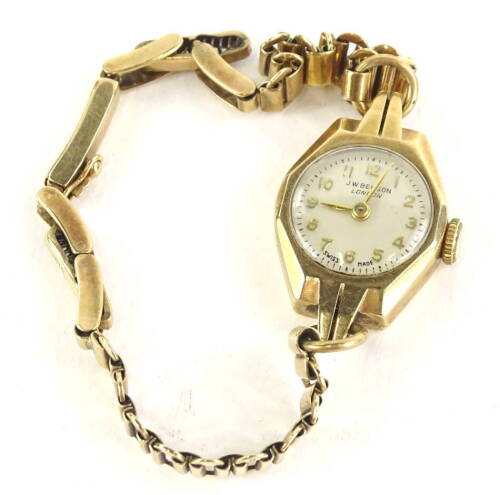 A 9ct gold J.W. Benson of London ladies wristwatch, with circular dial in Art Deco style case, on multi link bracelet, watch head and chain marked 375, 14.2g all in.