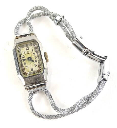 An Omega Art Deco ladies wristwatch, in stainless steel case and two row bracelet, with rectangular watch head, inscribed to back E J E R 14.10.37.