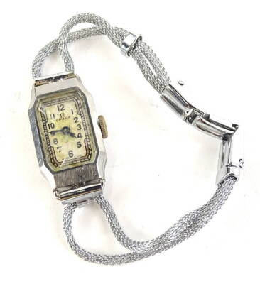 An Omega Art Deco ladies wristwatch, in stainless steel case and two row bracelet, with rectangular watch head, inscribed to back E J E R 14.10.37.