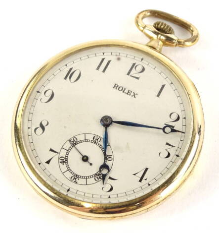 A Rolex rolled gold pocket watch, with white enamel dial, blue hands and seconds dial, bezel wind, with Swiss movement.