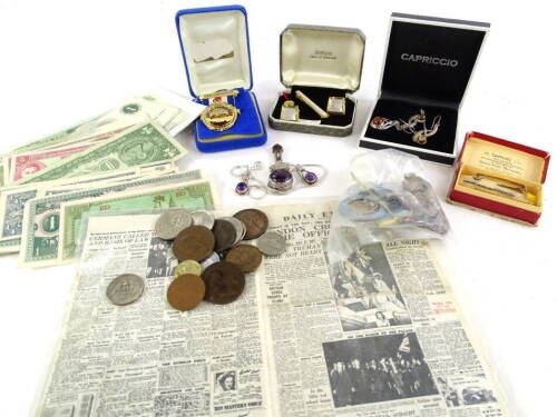 Various costume jewellery coins medals and effects, to include coin bracelet, a phoenix lodge 1875 medal, Jubilee probers club past president medal, cufflink's, loose coinage, silver jewellery etc. (1 tray)