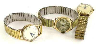 Three watches, to include two Rodania, yellow metal watch cases on later gold plated straps (AF), and a Rone yellow metal watch head on expanding strap. (AF) (3)