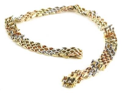 A 9ct gold tri-colour choker necklace, stamped to clasp, 25.5g.